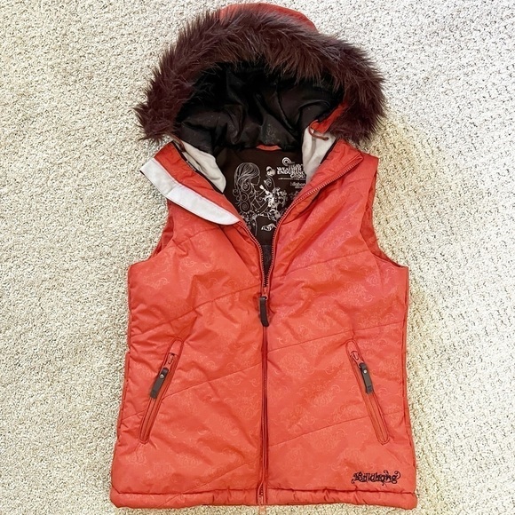 Billabong Hooded Puffer Vest Winter Vest Faux Fur Trim Burnt Orange Sz M Outdoor - Picture 1 of 12